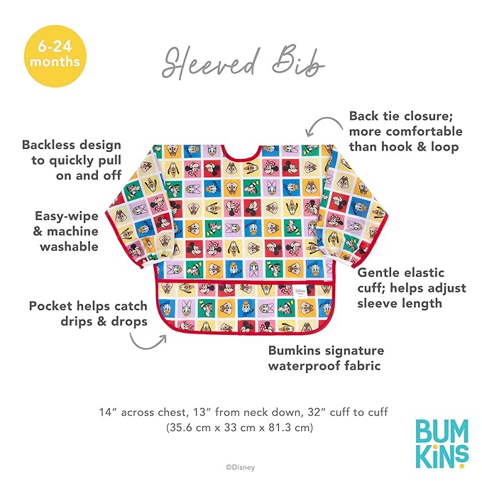 Bumkins Disney Sleeved Baby Bib – Long Sleeve Waterproof Fabric Feeding Smock with Crumb Catcher Pocket, Adjustable Toddler Apron for Baby Led Weaning, for Ages 6–24 Months, Mickey and Friends 2-pack