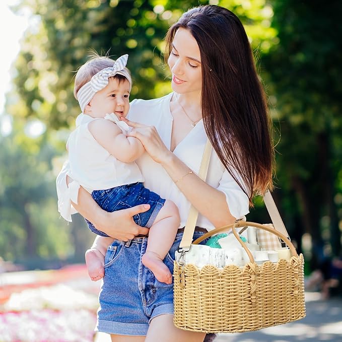 Baby Diaper Caddy Organizer Wicker Scalloped Rattan Basket with Handle Shoulder Strap and Removable Divider Wicker Caddy Basket for Diapers, Baby Shower Gifts, Newborn Essentials Must Haves