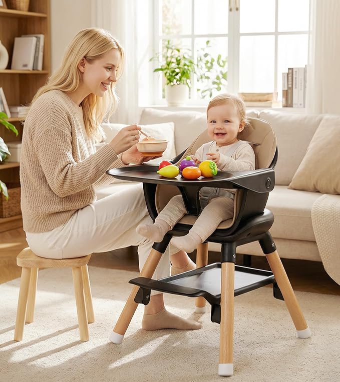 6 in 1 Baby High Chair, Convertible Wooden High Chairs/Booster Seat for Babies and Toddlers, Baby Feeding Chair with 5-Point Harness/Double Removable Tray & Adjustable Footrest (Black)