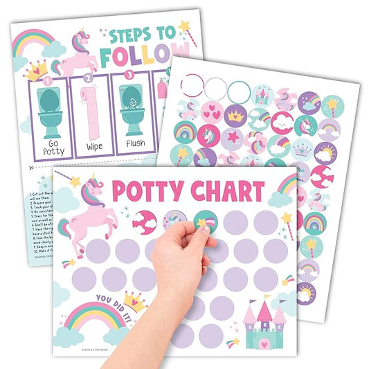 Hadley Designs Potty Training Chart for Toddlers Girls -10 Sticker Potty Chart for Toddlers Girls, 8.5x11" Potty Training Sticker Charts for Toilet Success, Unicorn Toddler Reward Chart for Kids