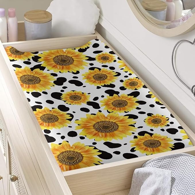 Changing Pad Covers for Boys Girls, Sunflower Cow Diaper Changing Table Pad Cover Soft Breathable Changing Mat Cover for 32''x16" Cute Birthday Gifts for Baby