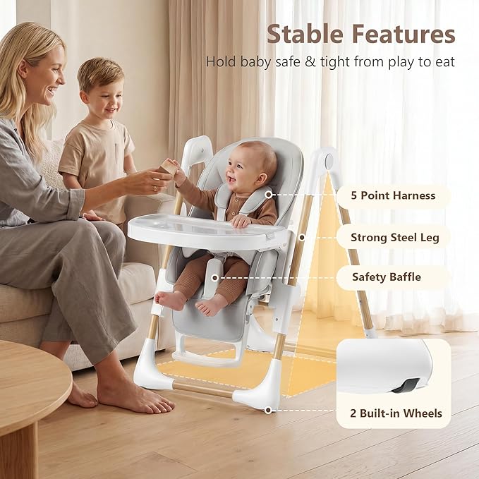 Kinder King Convertible High Chair for Babies & Toddlers, Adjustable Baby Feeding High Chair with Removable Double Tray, Simple Compact Fold for Space-Saving, 2 Built-in Wheels, Easy to Clean