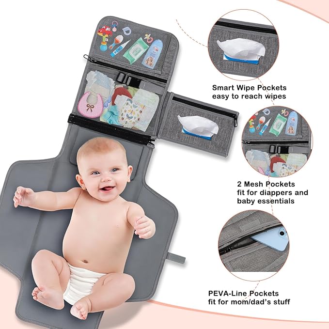 Portable Diaper Changing Pad, Newborn Diaper Changing Pad Baby Changing Pad with Smart Wipes Pocket Waterproof Travel Changing Kit for Girl Boy Baby Shower Gifts (Grey)