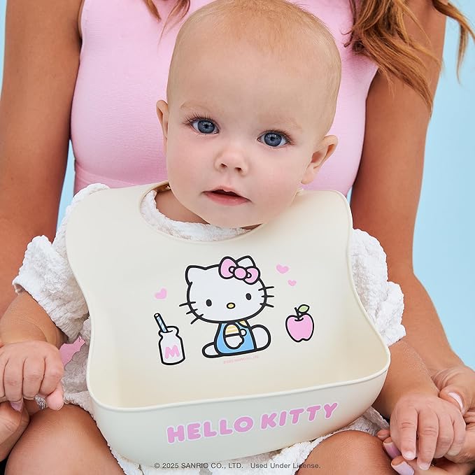 JuJuBe x Hello Kitty Cherry Blossoms Silicone Baby Bib, Soft Baby Bibs for Toddlers, Adjustable Neck, Deep Pocket for Mess Control, Dishwasher Safe, Easy to Clean Toddler Feeding Essentials