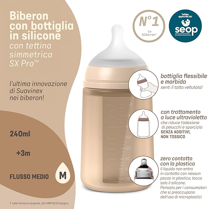 Suavinex Color Essence SX PRO Physiological Soft Flexible Silicone Baby Bottle, Anti Colic Baby Bottles, Supports Breast Feeding Babies, Made in Spain, Medium Flow, 8oz, Rosewater