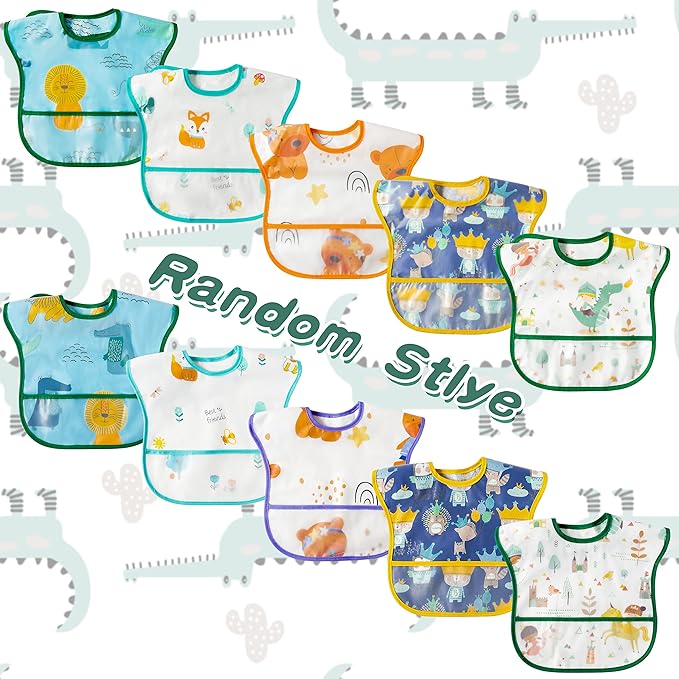 Zainpe 5Pcs Snap Baby Bibs for Boys Girls 6-24 Months Waterproof Stain Resistant Feeding Bib with Food Catcher Pocket