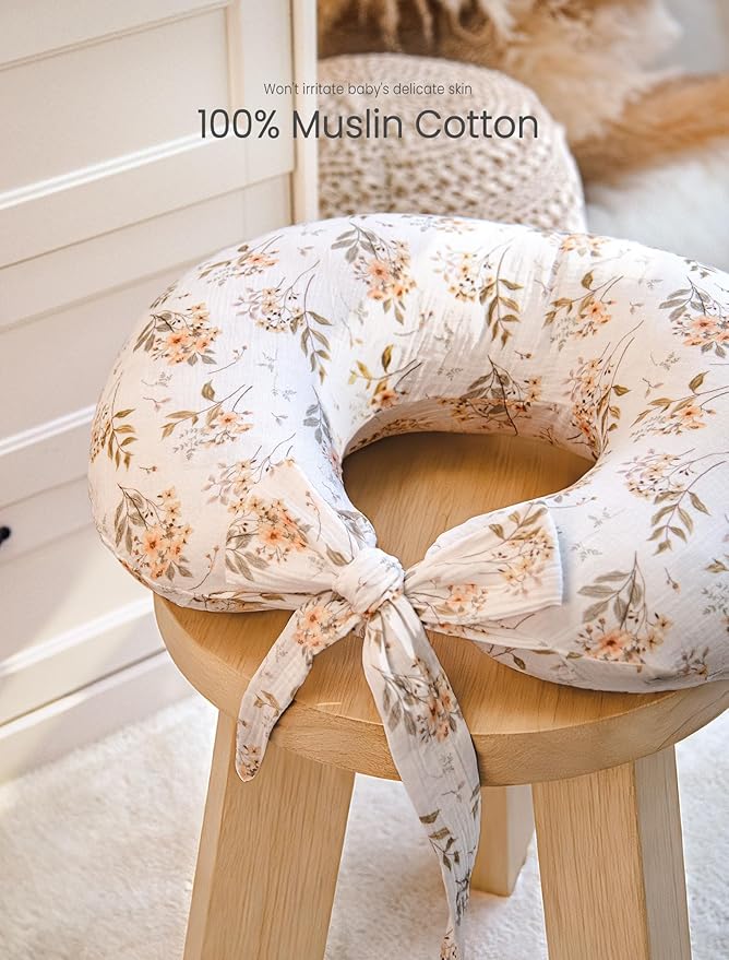 lulumoon Muslin Nursing Pillow Covers - 2-Pack Cotton Slipcovers for Breastfeeding Pillow - Extended Adjustable Strap for Secure Fit & Stable Support - Hidden Zipper Safety for Bottle-Feeding