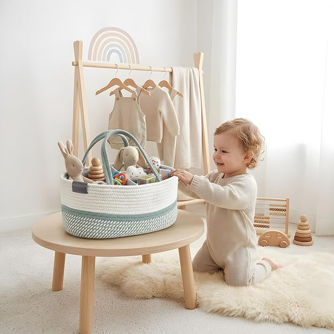 DECOMOMO XL Baby Caddy Organizer, Mother's Day Diaper Caddy Basket, Baskets for Baby Shower Gifts (Sage Green & White, Extra Large)