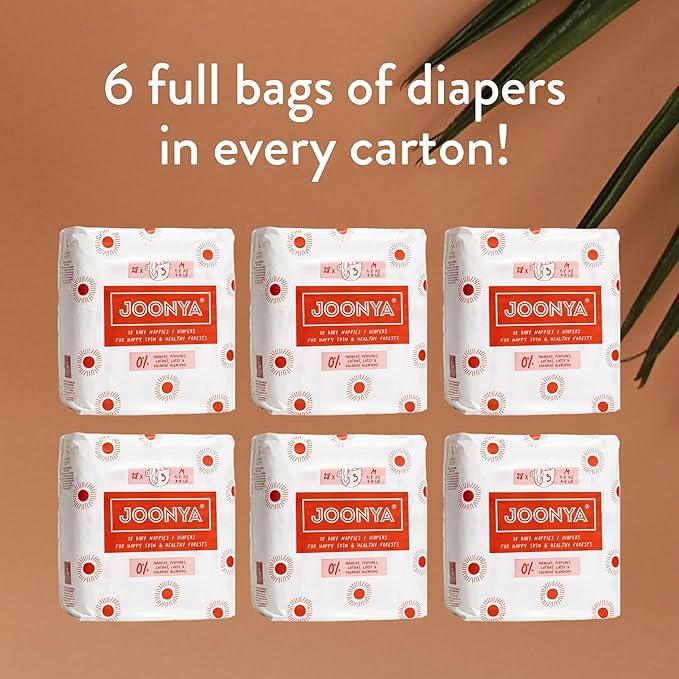 Joonya Baby Diapers, Size 3 M (9-18 lb) - 6 Bags of 28 (168) - Non Toxic, Eco-Friendly, High Absorbency, Overnight Use, Ultra Slim & Soft - Made in Denmark