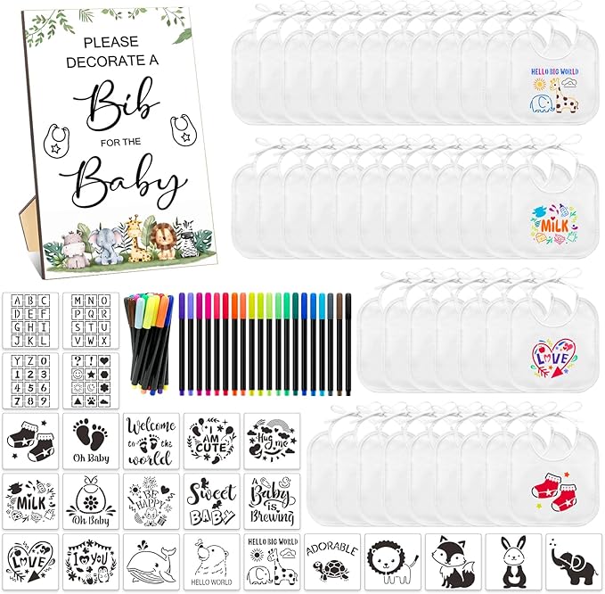 SytuHe 95 Pcs DIY Baby Bibs Decorating Kit50 White Bibs 24 Stencils 20 Fabric Markers 1 Baby Shower Game Sign