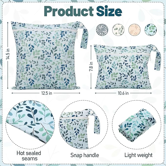 Reginary 8 Pack Wet Dry Bags Large & Small Waterproof Reusable Travel Zipper Pouches for Baby Diapers Family Wet Clothes Beach Swimsuits Toiletries(2 Sizes,Leaf,Multicolor)