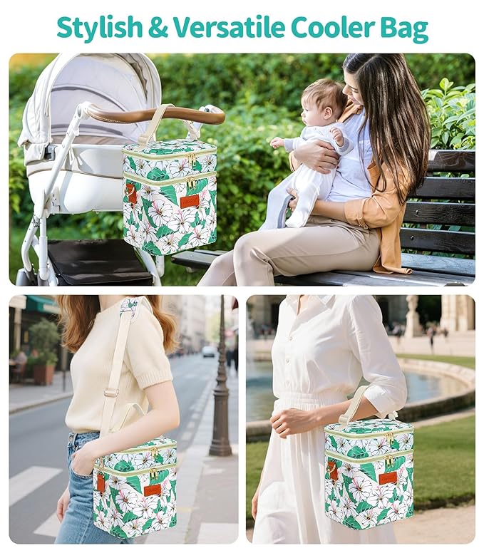 PIIOSER Breastmilk Cooler Bag with Ice Pack, Fits 6 Baby Bottles Up to 9 Oz, Stylish Baby Cooler Travel Bags with Shoulder Strap, Double Layer & Leakproof for Nursing & Working Moms Daycare, Floral
