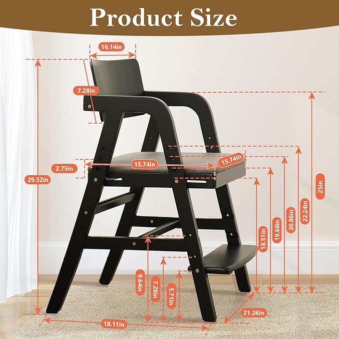 Solid Wood High Chair for Toddlers to Teens, Adjustable Height Toddler Dining Chair, Easy to Clean Toddler Highchair with Removable PU Cushion for Dining, Studying, Step Stool, Black