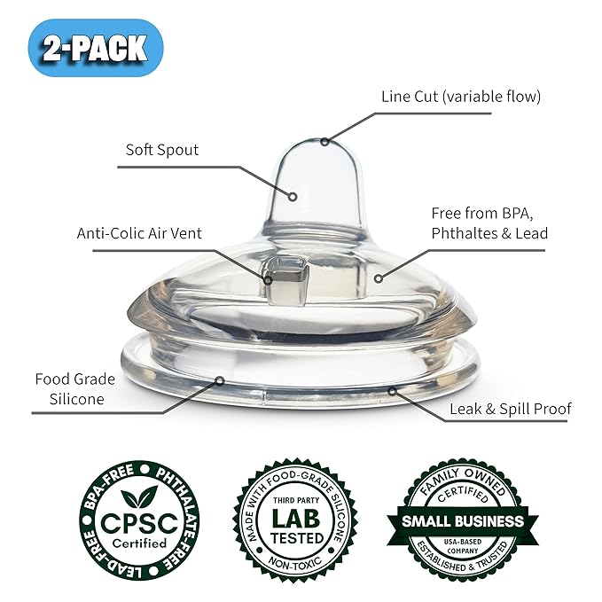 Sippy Spout Nipples for Comotomo (original and Gen 2), Mason Glass and haakaa Baby Bottles, 2-Count, Food Grade Soft Silicone, Spill-proof, Transition Nipples, Converts to Sippy Cup BPA-free 4+ months