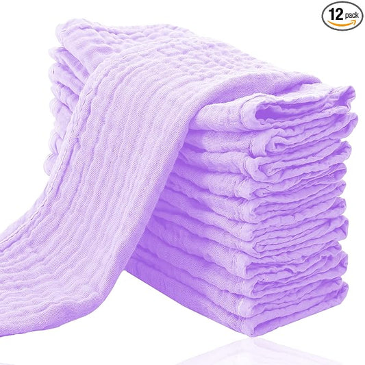 Cute Castle 12 Pack Muslin Burp Cloths for Baby - Ultra-Soft 100% Cotton Baby Washcloths - Large 20'' by 10'' Super Absorbent Milk Spit Up Rags - Burpy Cloths for Unisex, Boy, Girl - Purple