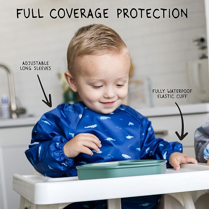 Tiny Twinkle Long Sleeve Bib for Babies & Toddlers | 2-Pack Waterproof Smock Bib for Eating | Machine Washable & Mess-Proof Feeding Essentials | Newborn Shower Gift (Slate Olive,6–24M)