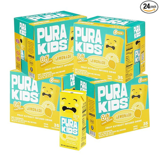 PURA Kids Box | Lemonade Fruit extract infused Drink for kids | 8g Pure Cane Sugar | Non-GMO | Vegan, No Artificial Sweeteners | Best Lunchbox Beverage with Paper Straw | 6.76 fl oz (200ml), Pack of 24
