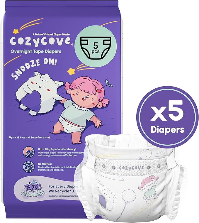 Cozycove Size 5 XL (28-39 lbs) Diapers | Totally Chlorine Free, Fragrance Free | Wetness Indicator | Snooze On Slim Overnight Tape Diapers | 5 Count Travel Pack
