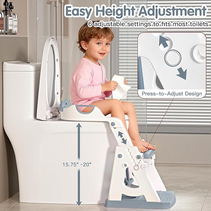 Potty Training Seat, 2 in 1 Potty Training Toilet with Step Stool for Boys Girls, Toddler Toilet Seat with Stabilizer Crossbar, Anti-Slip Pads and Splash Guard, Grey