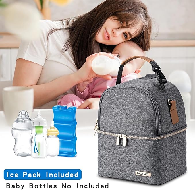 Breastmilk Cooler Bag with Ice Pack Fits 6 Baby Bottles up to 9 Ounce, Breast Milk Pump Cooler Bag with Shoulder Strap for Nursing Mom Daycare, Work, Travel- Dark Grey