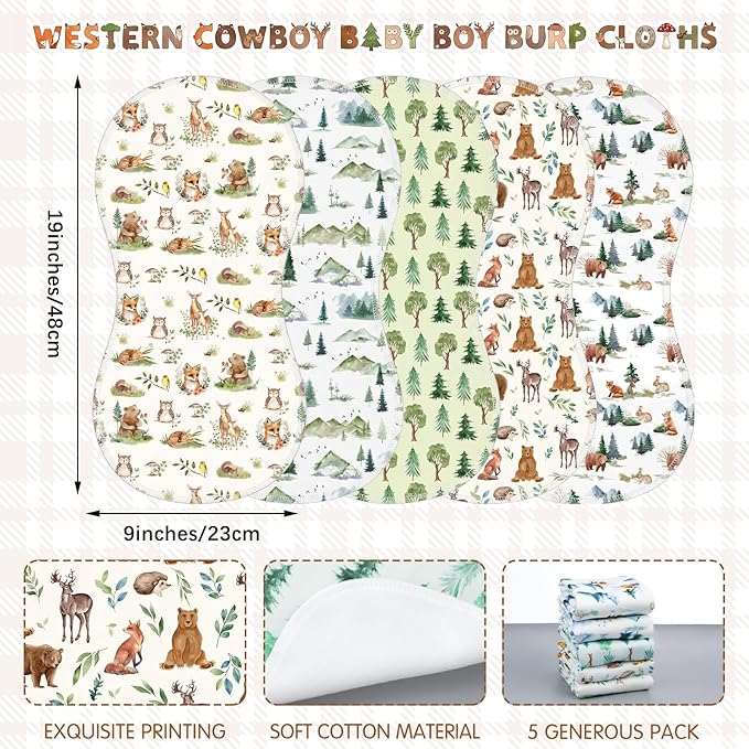 SmoothNovelty 5 Pack Woodland Animal Baby Burp Cloths Soft Absorbent Burping Rags for Newborns 19"x9" Spit up Cloths for Boy Girl Newborn Baby Shower Registry Gifts Set Nursery Decor
