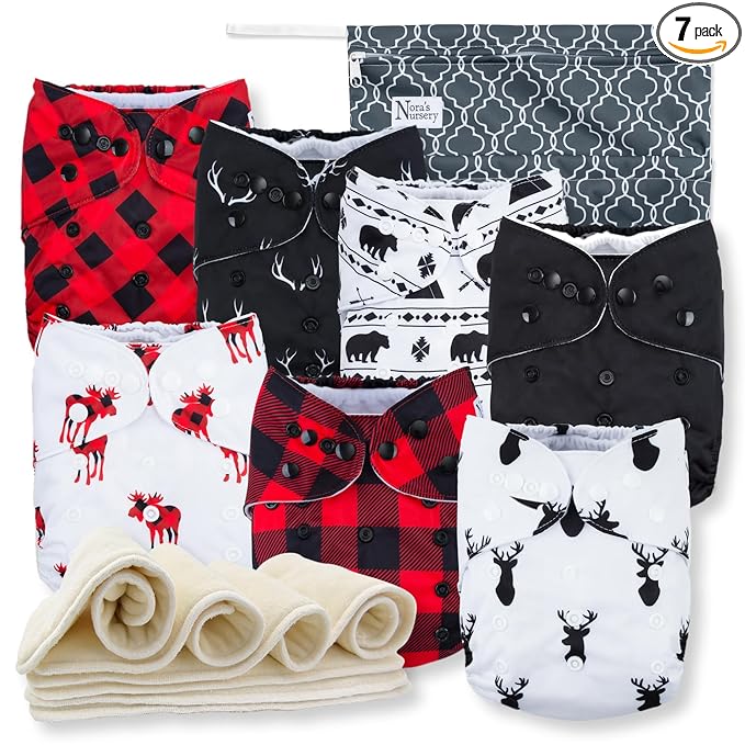 Nora's Nursery Cloth Diapers 7 Pack with 7 Inserts & 1 Wet Bag - Waterproof Cover, Washable, Reusable & One Size Adjustable Pocket Diapers for Newborns and Toddlers - Buffalo Plaid