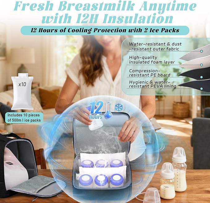 Breast Pump Bag with Insulated Cooler, Double-Layer Pumping Bag for Work & Travel, Fits Most Electric Breast Pumps, Includes 10 Ice Packs & Waterproof Mat, Detachable Bottle Cooler Tote, Black