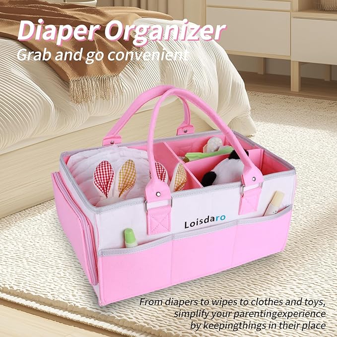 Baby Diaper Caddy Organizer, Portable Diaper Storage Basket for Changing Table, Nursery, Car, Pink