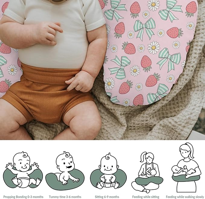 Pink Strawberry Green Bows Daisy Baby Nursing Pillow Covers for Boy Girl Strawberries Bows Nursing Slipcovers for Breastfeeding Pillows Cute Summer Fruit Soft Stretchy Cover for Newborn Infant