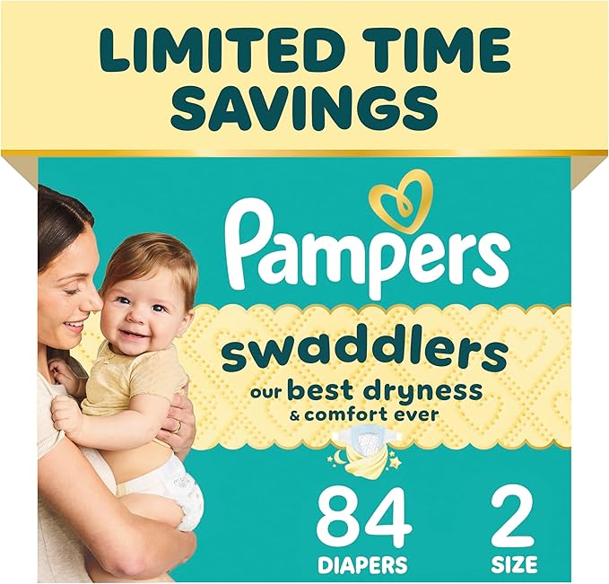 Pampers Swaddlers Diapers, Size 2 (10-22 lbs), 84 Count, Absorbent, Keeps Baby Dry and Comfortable, Skin Safe Disposable Baby Diaper (Packaging May Vary)