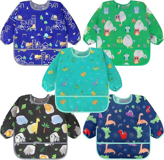 Accmor 5 Pack Long Sleeve Bibs, Baby Smock Waterproof Sleeved Bib Smock for Baby Toddler 6-36 Months
