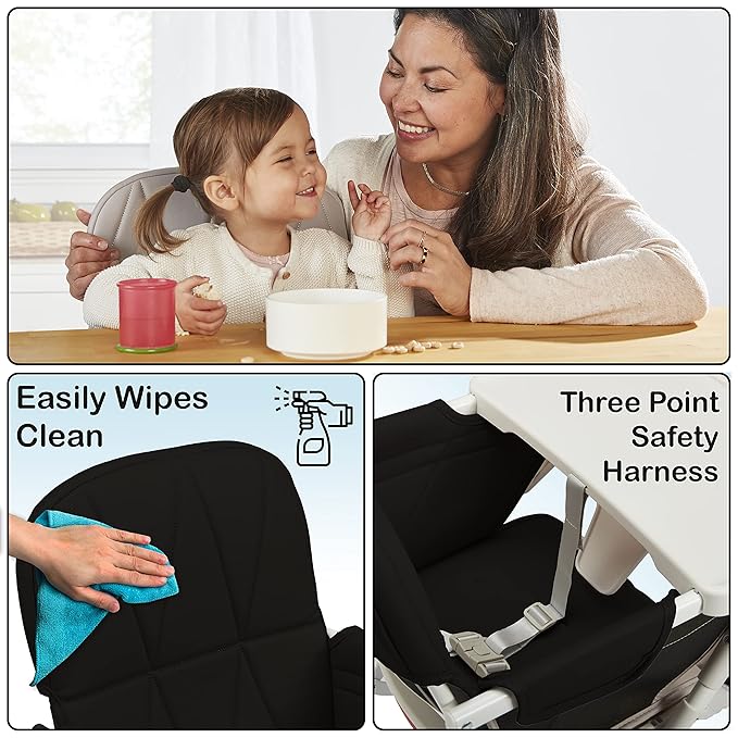 Primo PopUp Folding High Chair for Baby Age 6 to 36 Months - Black Folding Beach Style High Chair with Removable Dishwasher Safe Tray, 3pt Safety Harness, Leatherette Seat - Space Saving Design