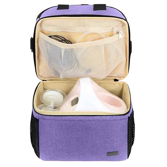 Teamoy Breast Pump Bag Tote with Cooler Compartment for Breast Pump, Cooler Bag, Breast Milk Bottles and More, Double Layer Pumping Bag for Working Moms, Purple