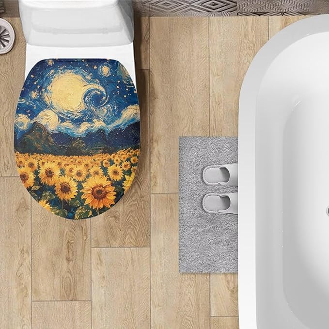 Starry Night Sunflower Toilet Cover Elastic Edges Seat Covers Soft and Breathable Toilet Lid Covers for Bathroom Fits Most Toilet Lids Covers，Oil Painting Bathroom Decoration
