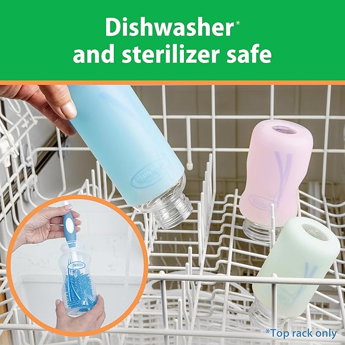 Dr. Brown's Natural Flow Anti-Colic Options+ Wide-Neck Glass Baby Bottles 9 oz/270 mL & Reusable Sponge Baby Bottle Cleaning Brush with Suction Cup Stand, Scrubber and Nipple Cleaner, Blue 1-Pack