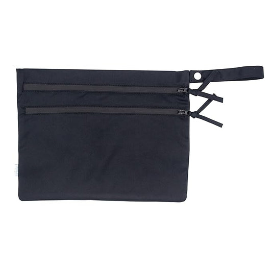 BapronBaby Minimalist Black Wet Dry Bag - Waterproof Two Zipper Pockets - Reusable for Mealtime, Diapers, Stroller, Snacks, Swimsuits - Machine Washable - 11" x 9"