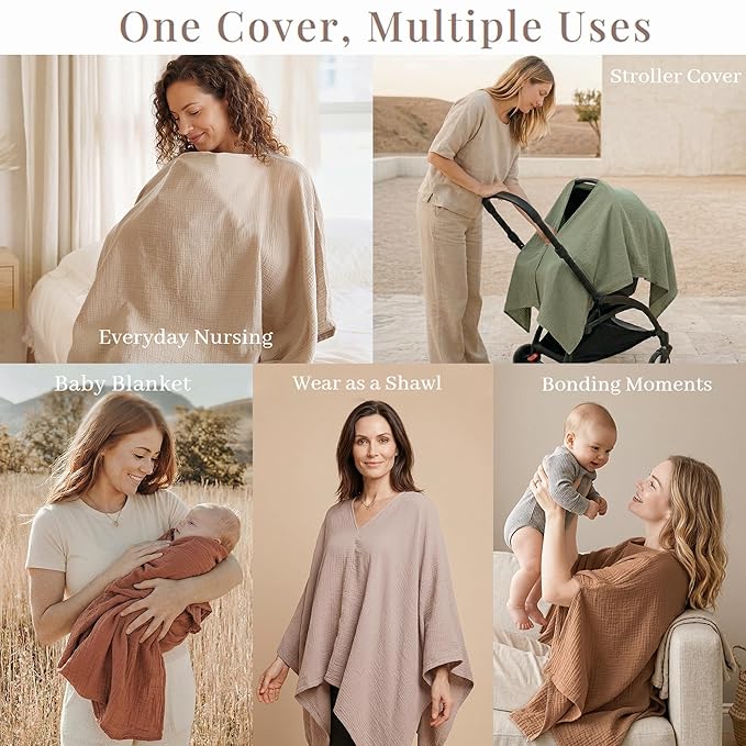 Konssy Muslin Nursing Cover for Breastfeeding, 360° Full Privacy Breathable 100% Cotton Breastfeeding Cover, Multi-use Carseat Canopy
