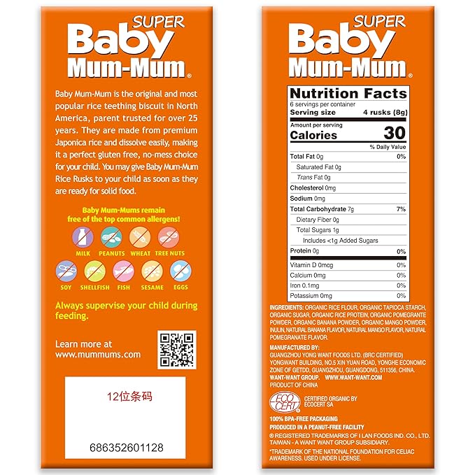 Baby Mum-Mum Organic Gentle Teething Crackers, Super Tropical | 24 Count (Pack of 6) | Gluten Free, Allergen Free, Non-GMO | Baby Snacks, Teether Relief Rice Rusk Cookies for Babies
