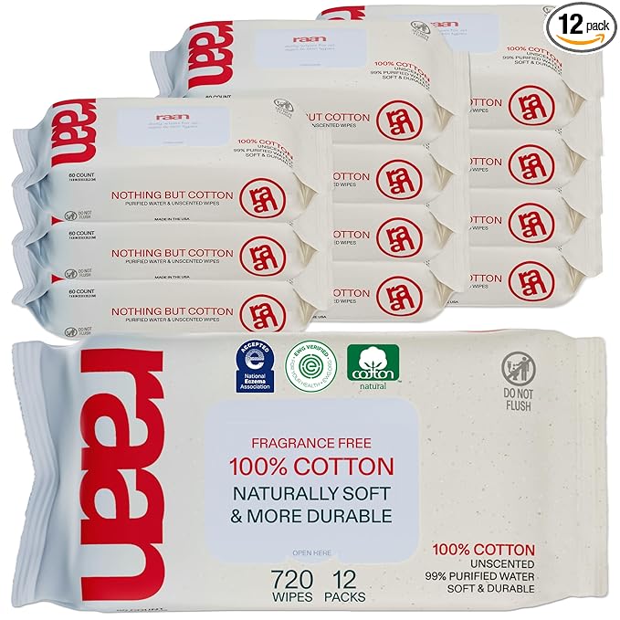 Raan, 100% Cotton Baby & Toddler Wipes, Unbleached, 99% Purified Water, Unscented, EWG verified, Made for Sensitive Skin, Extra Soft and Durable, 12 pack, 720 Count