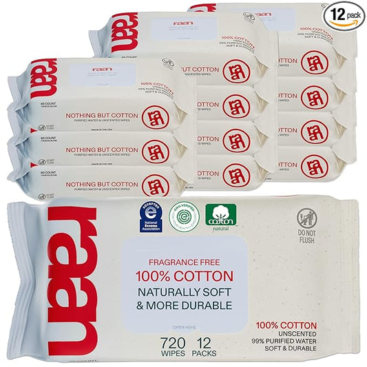 Raan, 100% Cotton Baby & Toddler Wipes, Unbleached, 99% Purified Water, Unscented, EWG verified, Made for Sensitive Skin, Extra Soft and Durable, 12 pack, 720 Count