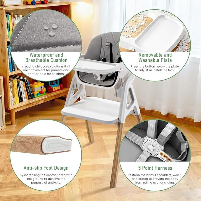 Baby High Chair, Babies and Toddlers Convertible Slim High Chair with 6 Growing Stages from Infant to Toddler Seating with Removable Tray, Easy to Clean,Gray Cushion
