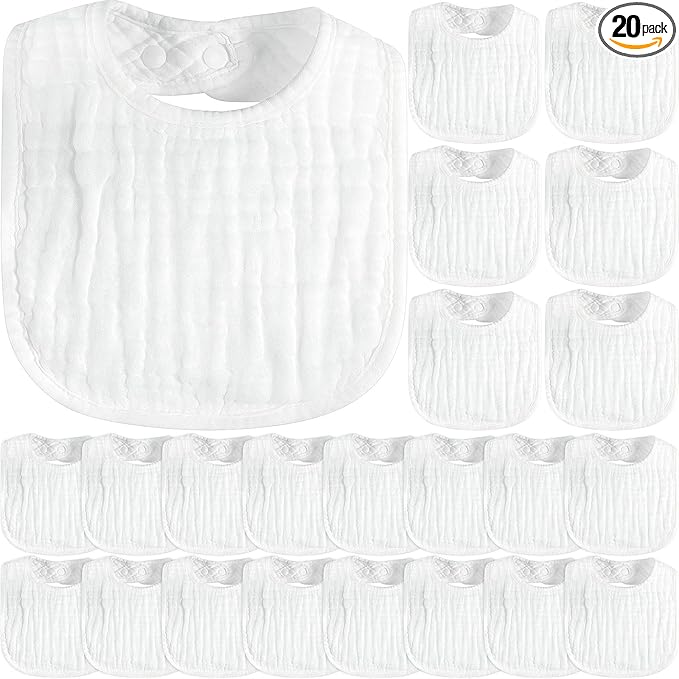 Zhanmai 20 Pack Muslin Baby Bibs Adjustable White Drool Bandana Bibs 6 Absorbent Layers for Newborn Baby Girl Boy Feeding, Drooling and Teething, Machine Washable