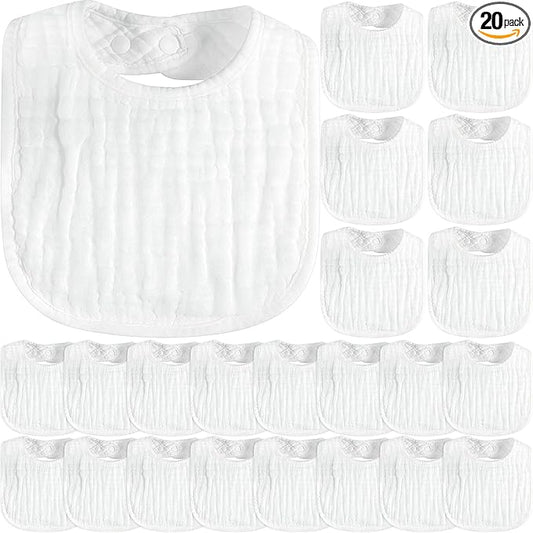 Zhanmai 20 Pack Muslin Baby Bibs Adjustable White Drool Bandana Bibs 6 Absorbent Layers for Newborn Baby Girl Boy Feeding, Drooling and Teething, Machine Washable