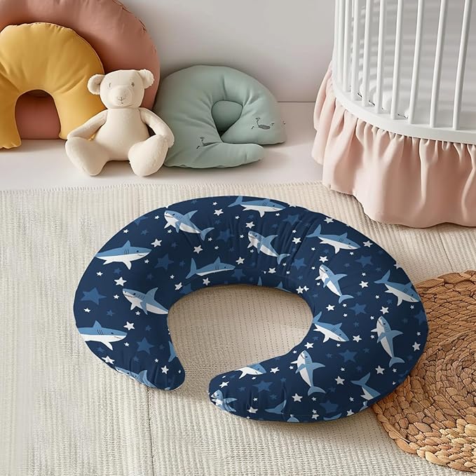 Cartoon Ocean Animals Sharks Stars Pattern Nursing Pillow Cover, Unisex Removable Breastfeeding Pillowcase Slipcover for Baby Girls Boys Newborns Toddlers, Cover Only