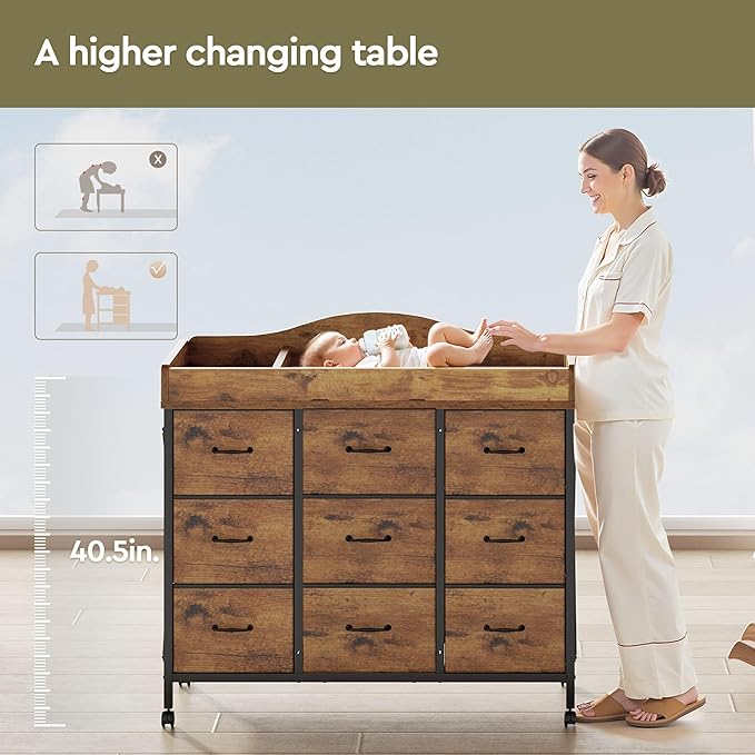 YeTom Baby Changing Table with 9 Fabric Boxes, Waterproof Diaper Changing Station & Pad, Mobile Nursery Diaper Changing Table, Baby Furniture, Rustic Brown