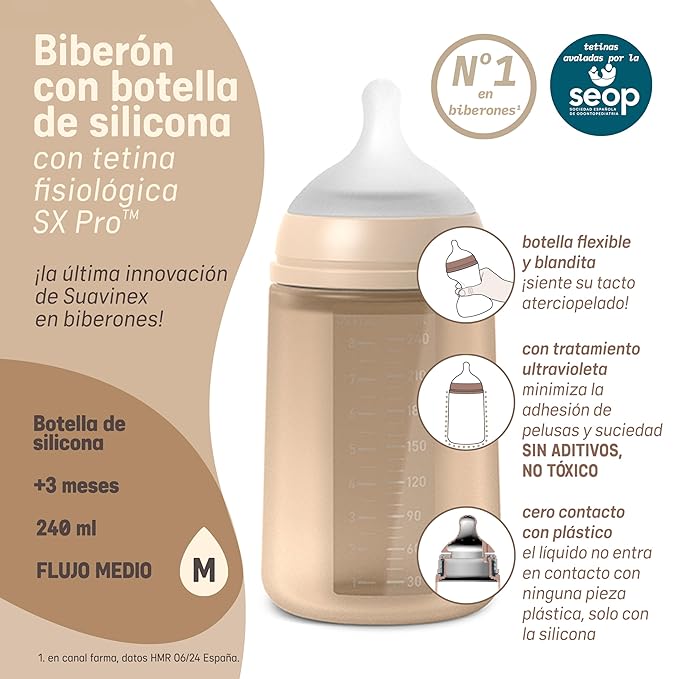 Suavinex Color Essence SX PRO Physiological Soft Flexible Silicone Baby Bottle, Anti Colic Baby Bottles, Supports Breast Feeding Babies, Made in Spain, Medium Flow, 8oz, Ballad Blue
