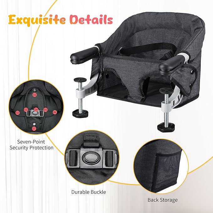 Hook On High Chair with Removable Tray for Babies 6-36 Months | Secure & Portable Foldable Travel High Chair | Clip On Baby Feeding Seat with Non-Slip Aluminum Clamp, Washable Cover & Carry Bag(Black)