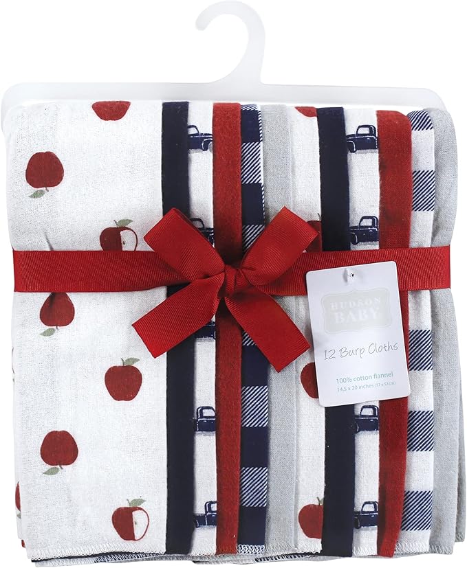 Hudson Baby Unisex Baby Cotton Flannel Burp Cloths Bundle, Apple Orchard, One Size (Pack of 2)
