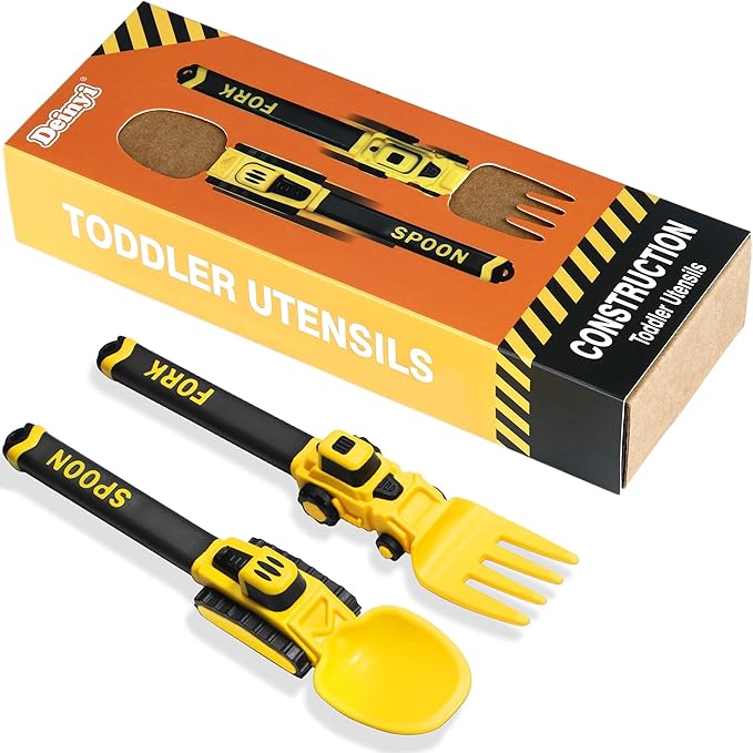 Deinyi Construction Toddler Utensils - Reusable Plastic Toddler Fork and Spoon & Storage Case - Suitable for Kids Utensils - Easter Gifts and Birthday Gifts for 1 2 3 4 5 6 7 year old, Yellow