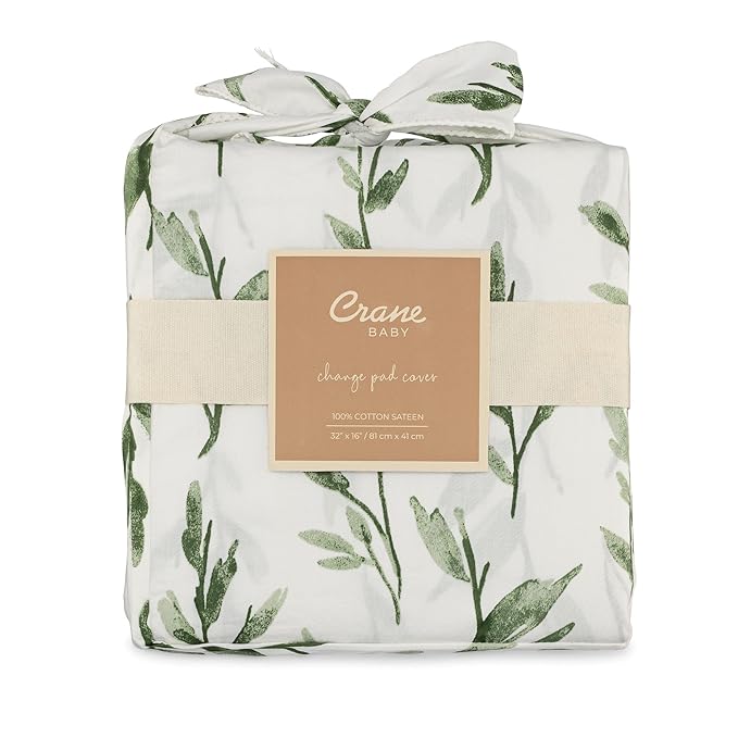 Crane Baby Changing Pad Cover, 100% Cotton Sateen Exterior, Green Nursery Decor, Floral Leaf Baby Changing Table Pad Cover, Fits Standard 16" x 32", Jungle Nursery Decor, Change Table Sheets